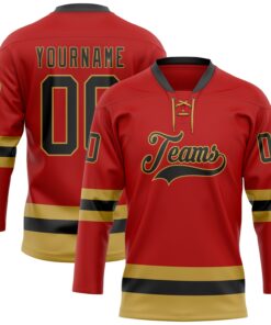 Custom Red Black-Old Gold Hockey Lace Neck Jersey