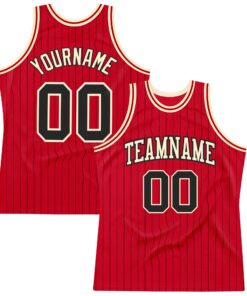 Custom Red Black Pinstripe Black-Cream Authentic Basketball Jersey