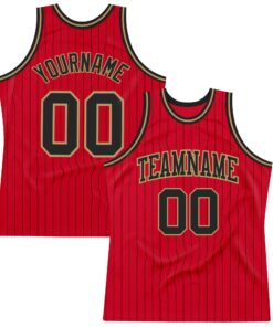 Custom Red Black Pinstripe Black-Old Gold Authentic Basketball Jersey