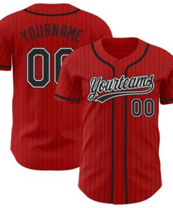 Custom Red Black Pinstripe Black-White Authentic Baseball Jersey