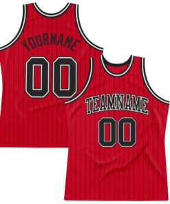 Custom Red Black Pinstripe Black-White Authentic Basketball Jersey