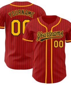 Custom Red Black Pinstripe Gold Authentic Baseball Jersey