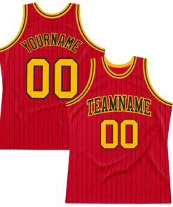 Custom Red Black Pinstripe Gold-Black Authentic Basketball Jersey