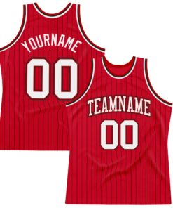 Custom Red Black Pinstripe White-Black Authentic Basketball Jersey