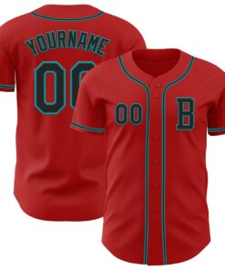 Custom Red Black-Teal Authentic Baseball Jersey