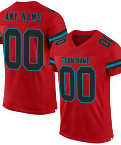Custom Red Black-Teal Mesh Authentic Football Jersey