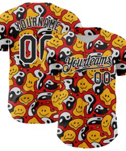 Custom Red Black-White 3D Pattern Design Funny Cartoon Emoji Smile Face And Yin Yang Authentic Baseball Jersey
