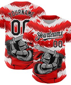Custom Red Black-White 3D Pattern Design Knight Hero Art Authentic Baseball Jersey