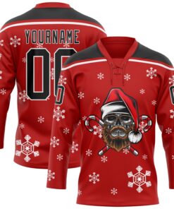 Custom Red Black-White Christmas Dog Wearing Santa Claus Costume 3D Hockey Lace Neck Jersey