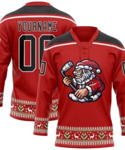 Custom Red Black-White Christmas Santa Claus 3D Hockey Lace Neck Jersey