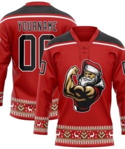 Custom Red Black-White Christmas Santa Claus 3D Hockey Lace Neck Jersey