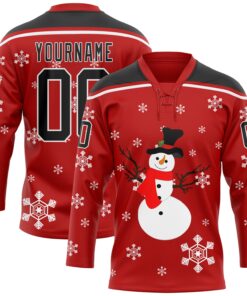 Custom Red Black-White Christmas Snowman 3D Hockey Lace Neck Jersey