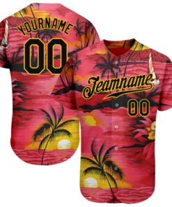 Custom Red Black-Yellow 3D Pattern Design Sun Beach Hawaii Palm Trees Authentic Baseball Jersey