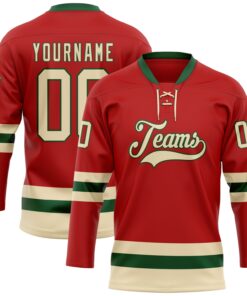 Custom Red Cream-Green Hockey Lace Neck Jersey