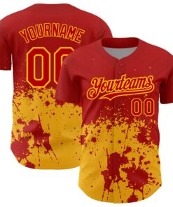 Custom Red Gold 3D Pattern Design Abstract Splash Grunge Art Authentic Baseball Jersey