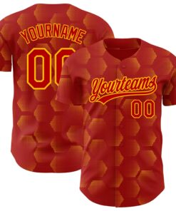 Custom Red Gold 3D Pattern Design Halftone Geometric Shapes Authentic Baseball Jersey