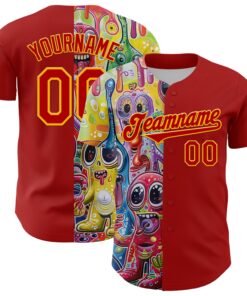 Custom Red Gold 3D Pattern Design Rave Funny Monster Authentic Baseball Jersey