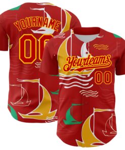 Custom Red Gold 3D Pattern Design Sailing Boats Authentic Baseball Jersey