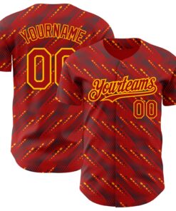 Custom Red Gold 3D Pattern Design Slant Lines Authentic Baseball Jersey