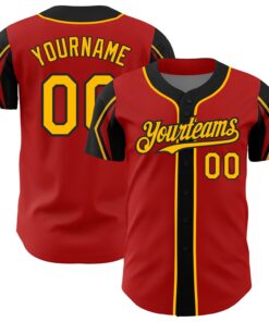 Custom Red Gold-Black 3 Colors Arm Shapes Authentic Baseball Jersey