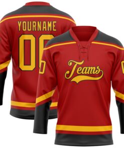 Custom Red Gold-Black Hockey Lace Neck Jersey