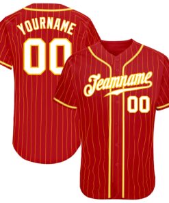 Custom Red Gold Pinstripe White-Gold Authentic Baseball Jersey
