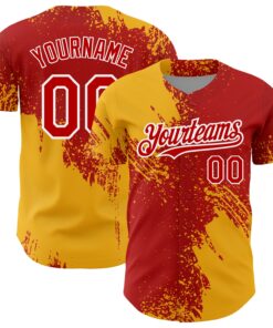 Custom Red Gold-White 3D Pattern Design Abstract Brush Stroke Authentic Baseball Jersey