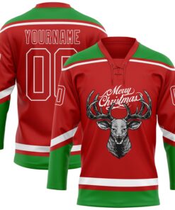 Custom Red Grass Green-White Christmas Reindeer 3D Hockey Lace Neck Jersey