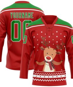 Custom Red Grass Green-White Christmas Reindeer 3D Hockey Lace Neck Jersey