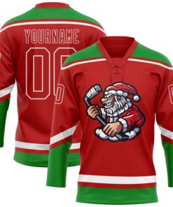 Custom Red Grass Green-White Christmas Santa Claus 3D Hockey Lace Neck Jersey