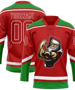 Custom Red Grass Green-White Christmas Santa Claus 3D Hockey Lace Neck Jersey