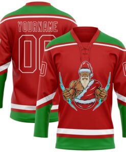Custom Red Grass Green-White Christmas Santa Claus 3D Hockey Lace Neck Jersey