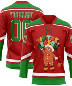 Custom Red Grass Green-White Funny Christmas 3D Hockey Lace Neck Jersey