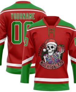 Custom Red Grass Green-White Funny Christmas 3D Hockey Lace Neck Jersey