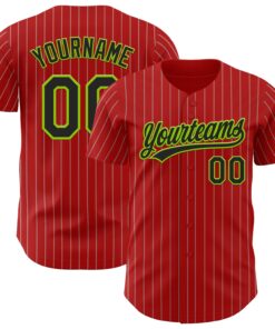 Custom Red Gray Pinstripe Black-Neon Green Authentic Baseball Jersey
