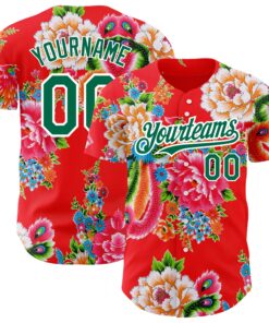 Custom Red Kelly Green-White 3D Pattern Design Northeast China Big Flower Authentic Baseball Jersey