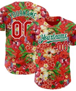 Custom Red Kelly Green-White 3D Pattern Design Northeast China Big Flower Authentic Baseball Jersey