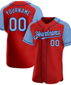 Custom Red Light Blue-Navy Authentic Raglan Sleeves Baseball Jersey