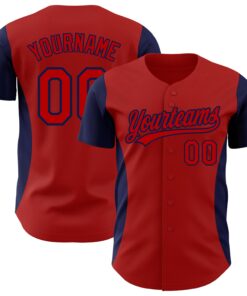 Custom Red Navy 3D Pattern Design Side Stripes Authentic Baseball Jersey