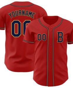 Custom Red Navy-Old Gold Authentic Baseball Jersey