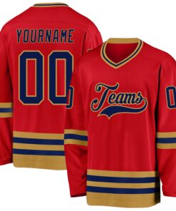 Custom Red Navy-Old Gold Hockey Jersey