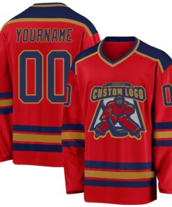 Custom Red Navy-Old Gold Hockey Jersey