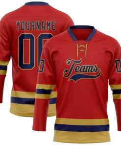 Custom Red Navy-Old Gold Hockey Lace Neck Jersey