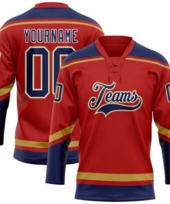 Custom Red Navy-Old Gold Hockey Lace Neck Jersey