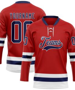 Custom Red Navy-White Hockey Lace Neck Jersey