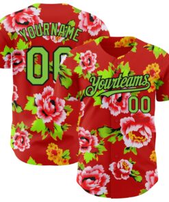 Custom Red Neon Green-Black 3D Pattern Design Northeast China Big Flower Authentic Baseball Jersey