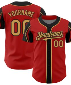 Custom Red Old Gold-Black 3 Colors Arm Shapes Authentic Baseball Jersey