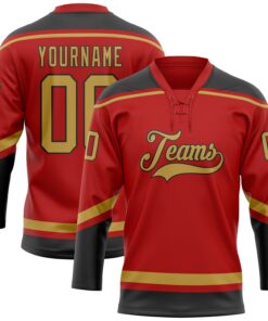 Custom Red Old Gold-Black Hockey Lace Neck Jersey
