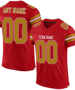 Custom Red Old Gold-White Mesh Authentic Football Jersey