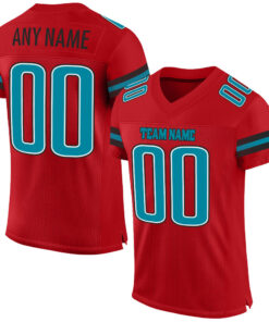 Custom Red Teal-Black Mesh Authentic Football Jersey
